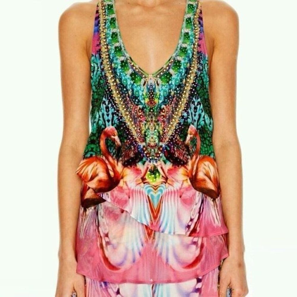 Camilla Awakened Utopia Flamingo Layered Silk Top Size 1 - Picture 5 of 14